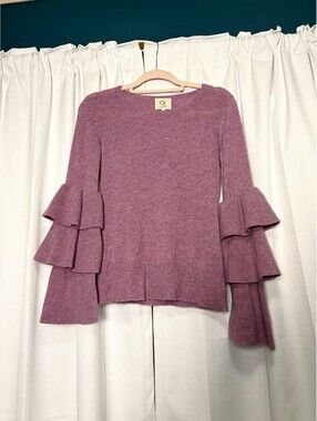 Qi Cashmere Pink Crew Neck Ruffle Bell Layered Sleeve Sweater. XS Retail $278